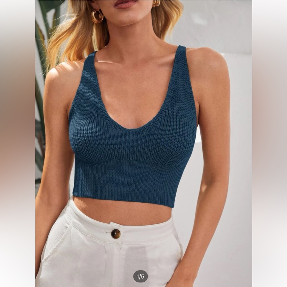 Crisscross Back Knit Tank Crop Top Navy Blue